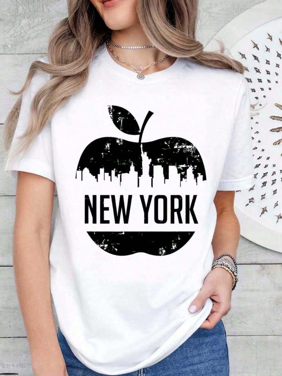 Camiseta de Nueva York, Corte Holgado, Estampado, Casual Versátil, Talla Grande, Cuello Redondo, Estampado Estatua de la Libertad y Paisaje Urbano - Blanco - Ver 1