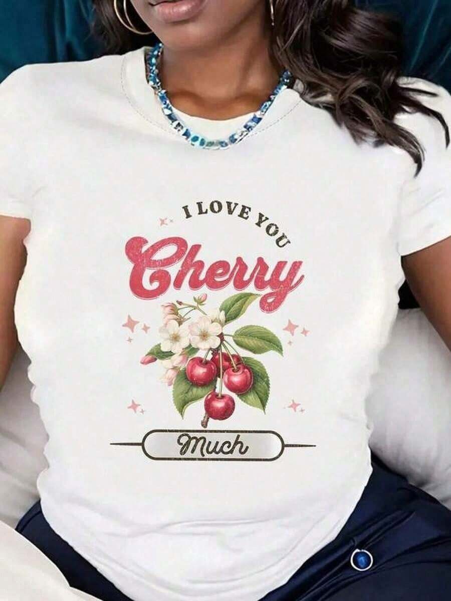 Camiseta de manga corta para mujer con cuello redondo y estampado "I Love You Cherry Much", diseño con estilo, para uso en casa y deportivo, cómoda, transpirable, de algodón puro, 220g RRXX. Adecuada como regalo. playera de mujer. blusas>elegantes. boho chic,Top de mujer suave, transpirable y cómodo, ideal para primavera, verano y otoño, perfecto para vacaciones, viajes y uso diario. - Blanco - Ver 1