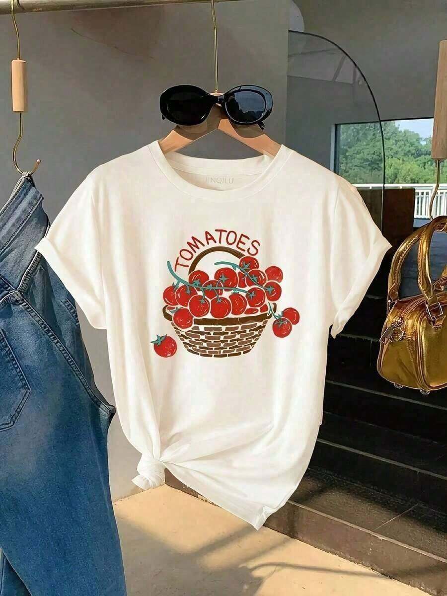 Women's Casual T-Shirt With Tomato Print, Round Neck, Short Sleeves, Knit Fabric, Regular Fit, Medium Stretch, Fruit And Vegetable Print For Any Season. Suitable As A Gift. Women's T-Shirt. Blouses > Elegant. Boho Chic. Soft, Breathable, And Comfortable Women's Top, Ideal For Spring, Summer, And Autumn, Perfect For Vacations, Travel, And Everyday Wear. - 白色 - 查看 1