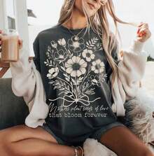 Women's Casual Loose Fit T-Shirt With Floral Print "Mothers Sow Seeds Of Love", Breathable And Comfortable, Short Sleeve, Round Neck, Vintage Wildflower Print, Soft Cotton, Perfect For Everyday Wear And Urban Style For Mother's Day - 黑色 - 查看 6
