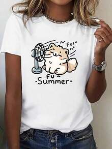 Camiseta Casual de Corte Holgado para Mujer con Estampado Gráfico "Fu Summer Cute Cat", Transpirable y Cómoda, de Manga Corta y Cuello Redondo, con Estampado de Gato Kawaii, de Algodón Suave, Perfecta para Uso Diario y Estilo Urbano de Verano. - Blanco - Ver 6