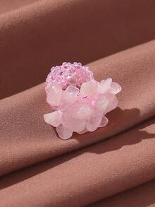 1pc Bohemian Casual Vacation Style Beaded Woven Elastic Wide Ring, Natural Stone, Slight Variation In Stone Color And Size - Pink - View 2