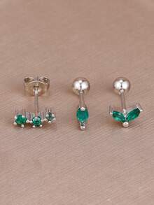 3PCS Fashion Stud Earrings Set For Women Stainless Steel Cubic Zirconia Leaf Flowers Temperament Earring Jewelry - 1-silver-3PCS - View 3