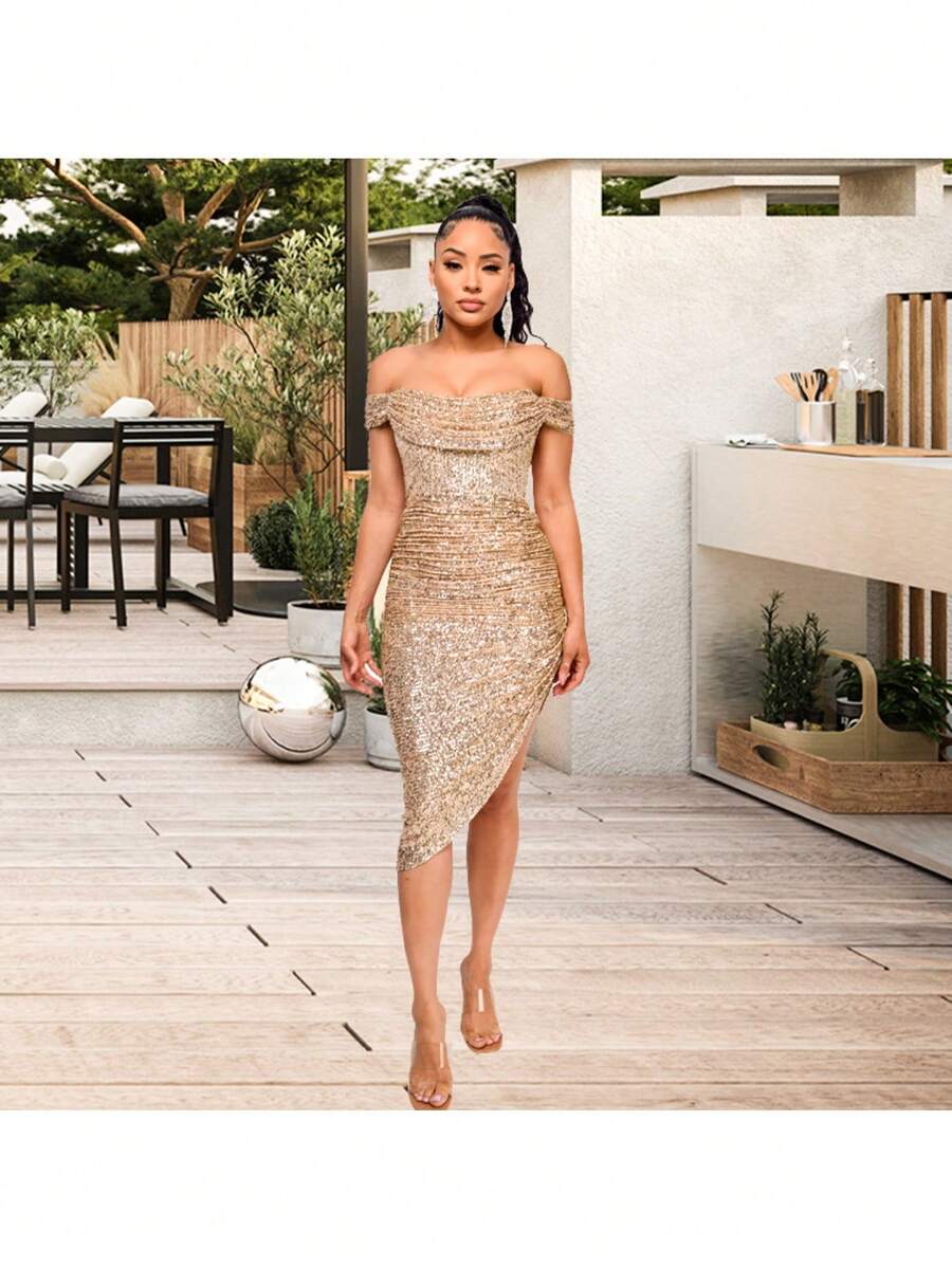Women's Champagne-Colored Sequined Dress, Off-Shoulder Draped Design, Asymmetrical Side Slit, Stretchy Shiny Fabric Ideal For Summer Parties, Weddings As A Guest And Elegant Outdoor Dinners, Sexy Glamorous Style Perfect For Celebrations And Formal Events - 香檳色 - 查看 1