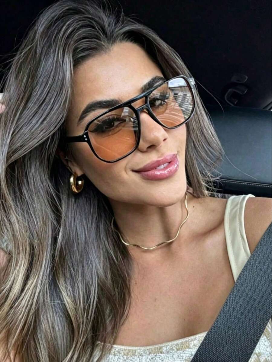 1 par de gafas con marco geométrico de plástico marrón "Here-System", adecuadas para uso diario, vacaciones y regalos, ideales para la escuela, actividades en la playa, gafas de mujer, atuendos básicos de otoño/invierno, casual de negocios, vacaciones de verano en la playa, al aire libre, estilo de ocio de viaje, montura oversize tipo aviador, temporada de vuelta a clases - Marrón - Ver 1