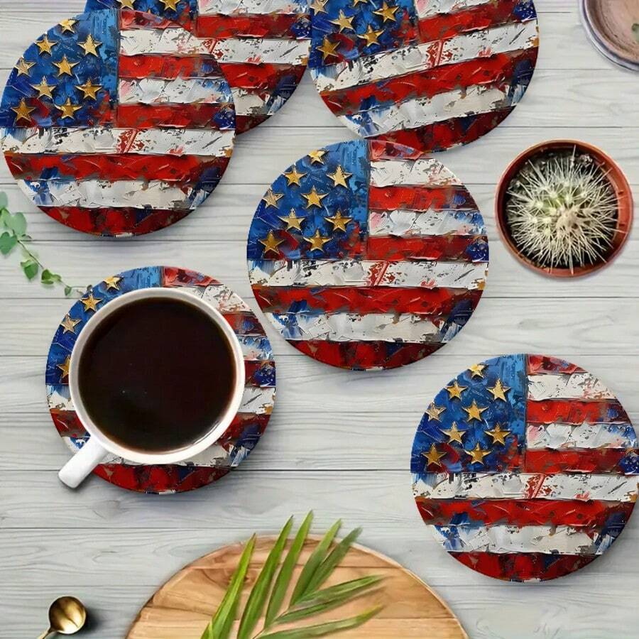 Posavasos redondo de PET con diseño patriótico de personas y bandera estadounidense - Resistente, lavable a mano, con águila, bandera, diseño 2D, perfecto para decoración de restaurante y cocina, decoración de mesa de cocina y comedor | Diseño de estilo patriótico | Posavasos resistente, decoración de águila, 4 de julio, 250 aniversario de la independencia de Estados Unidos - Multicolor B - Ver 1