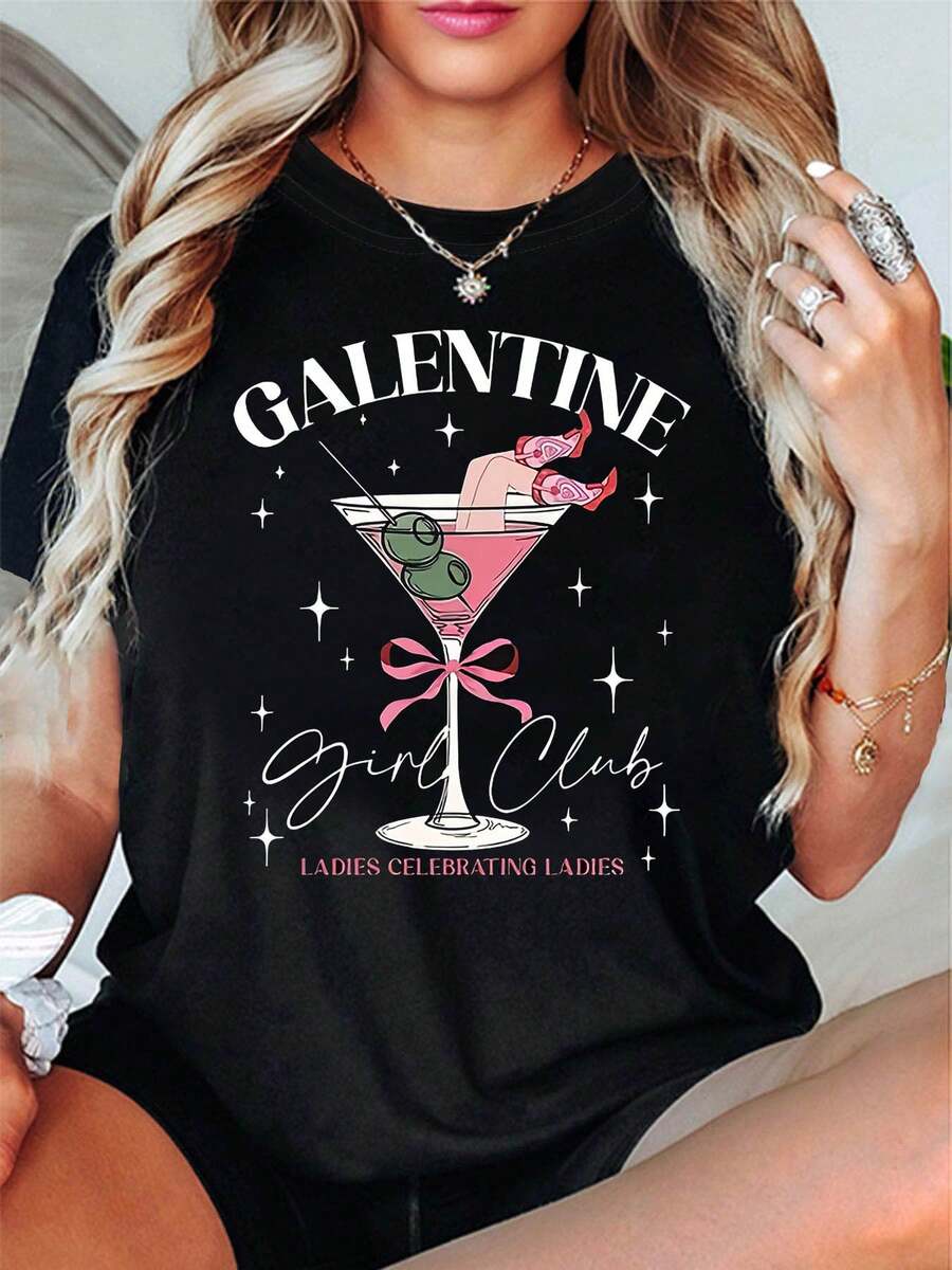 Women's Tops, Women's T-Shirts, Mother's Day, Casual Blouses For Ladies, Women's Tops, 2000s Style, Women's Galentine Club T-Shirt, Casual Short Sleeve Style With Cocktail Slogan, Pink-White, Sweet And Cool Style, Festive Atmosphere, Spring-Summer Season, Cartoon Print - 黑色 - 查看 1
