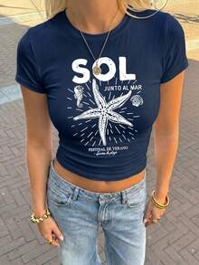 Áo thun nữ tay ngắn cổ tròn in hình sao biển, hơi co giãn, thích hợp mặc mùa hè, kiểu dáng thường ngày. - Màu xanh đậm - Xem 2