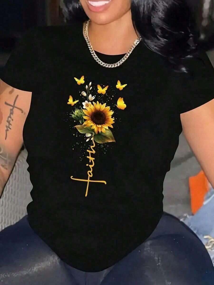 Faith Sunflower Print Summer T-Shirt, Versatile Short Sleeve Crew Neck Blouse For Women. 1 Sexy Casual Sweet Party Elegant Basic Off Shoulder Blouse Beach Night Out Vacation Office Home Garden Everyday Birthday Party Baby Shower Country Music Concert Stage & Summer Performance - 黑色 - 查看 1