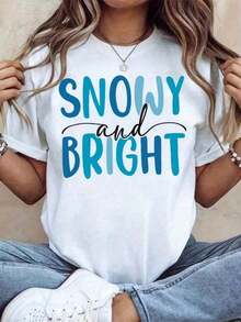 Women's Casual Round Neck T-Shirt With Snowy And Sparkling Print, Short Sleeve, Casual Winter Vacation Top, Modern And Elegant T-Shirt - 白色 - 查看 7