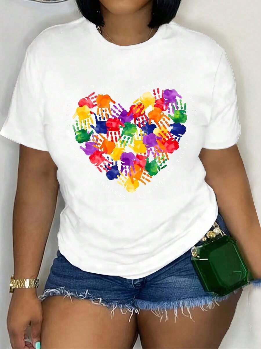 [Camiseta Suave para Maestras] Camiseta Casual Suave para Mujeres Maestras, Diseño Colorido de Huella de Mano en Forma de Corazón, Cuello Redondo, Manga Corta, Perfecta para Primavera, Verano y Otoño, Transpirable y Cómoda - Blanco - Ver 1