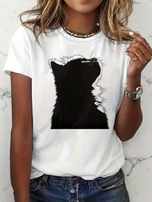 Casual T-Shirt For Mother's Day, Women's Printed T-Shirt, Minimalist T-Shirt With Black Cat Print - Short Sleeve, Round Neck, Casual Style With Kitten Silhouette Print, Medium Elasticity, Suitable For Summer, Casual Wear And Gifts For Cat Lovers, Machine Washable Blouse Style For Simple Designs, 100% Cotton, Durable - 白色 - 查看 1