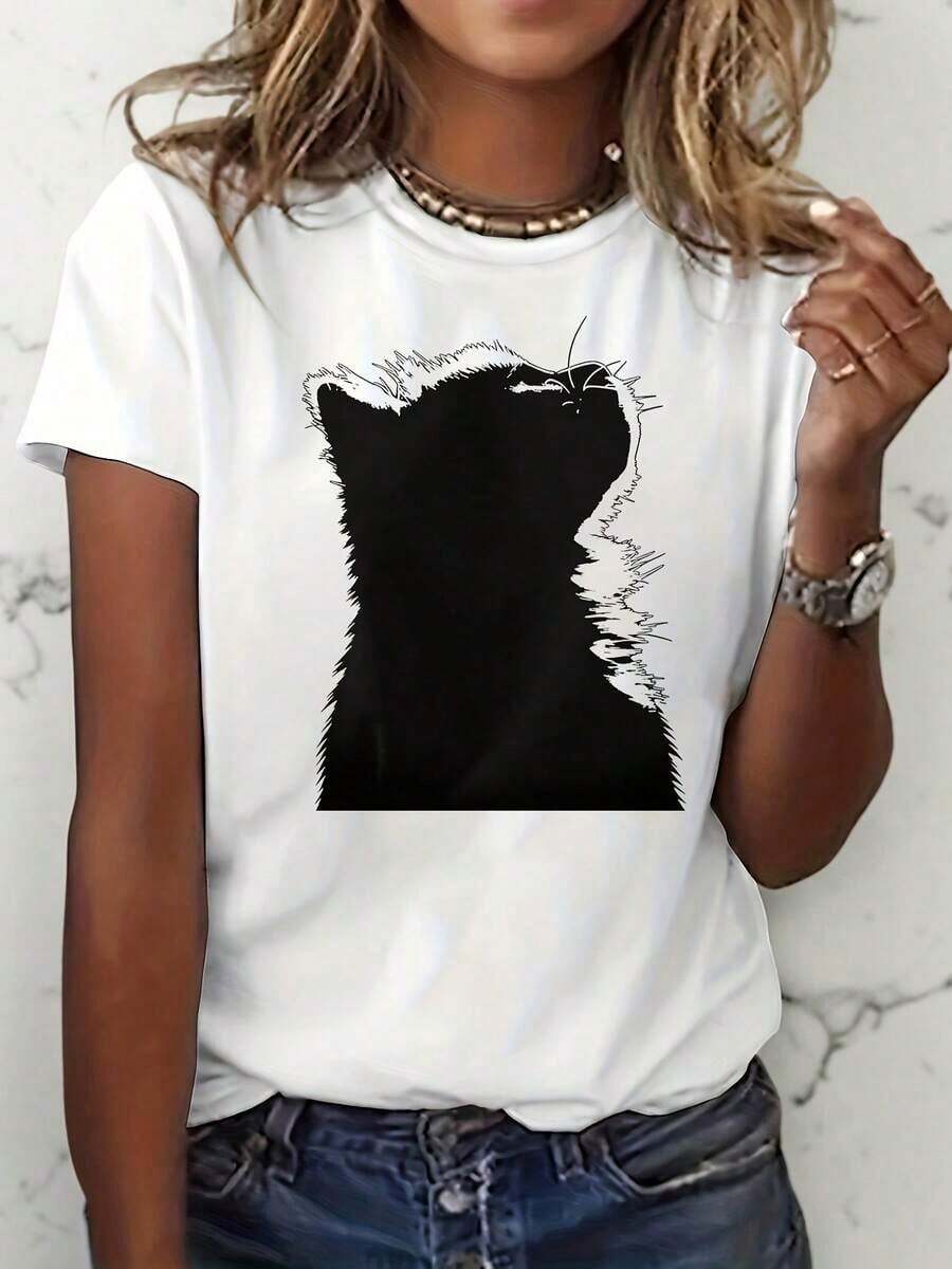 Casual T-Shirt For Mother's Day, Women's Printed T-Shirt, Minimalist T-Shirt With Black Cat Print - Short Sleeve, Round Neck, Casual Style With Kitten Silhouette Print, Medium Elasticity, Suitable For Summer, Casual Wear And Gifts For Cat Lovers, Machine Washable Blouse Style For Simple Designs, 100% Cotton, Durable - 白色 - 查看 1