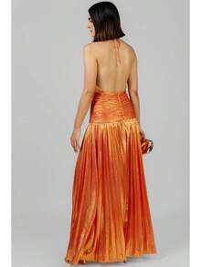 Metallic Pleated Halter Maxi Dress, Ruched Waist With Front Slit, Elegant Evening Gown For Prom & Weddings - Tachibana Kinshoku - View 3