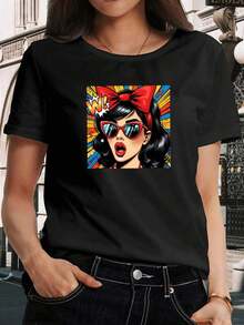 Vintage Character Print T-Shirt | Casual Short Sleeve Crew Neck Blouse, Elastic, Suitable For Spring And Summer, Comfortable And Breathable, Opaque Fabric, Machine Washable, Regular Fit, Casual Blouses For Women - 黑色 - 查看 1