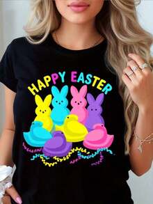 Happy Easter Bunny T-Shirt. Women's Summer Black Short Sleeve T-Shirt, Casual And Breathable Easter T-Shirt. Classic Black Crew Neck Easter T-Shirt For Women. Perfect As A Gift. Suitable For Home/Outdoors/Travel. - 黑色 - 查看 1