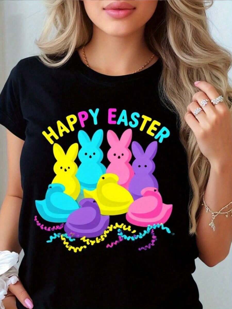 Happy Easter Bunny T-Shirt. Women's Summer Black Short Sleeve T-Shirt, Casual And Breathable Easter T-Shirt. Classic Black Crew Neck Easter T-Shirt For Women. Perfect As A Gift. Suitable For Home/Outdoors/Travel. - 黑色 - 查看 1