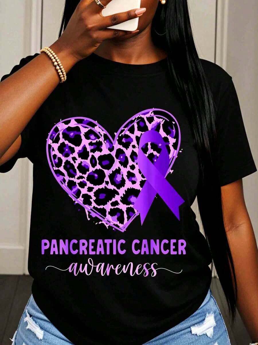 Women's Cotton T-Shirts Pancreatic Cancer Awareness Purple Ribbon Heart Leopard Print T-Shirt For Women Support And Solidarity Cancer Awareness Rel Basic Blouses For Women - 黑色 - 查看 1