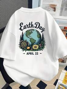 New 180g Short-Sleeved T-Shirt, 1% Cotton, With Front And Back Prints - Earth Day, Turtle - Fashionable Printed T-Shirt For Women, Your Best Choice! - Suitable For Layering In Spring And Autumn, Or Alone In Summer, Unisex Style. - 白色 - 查看 2