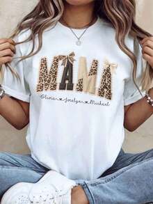 Personalized Leopard Print T-Shirt For Moms With Children's Names, Personalized T-Shirt For Mom, Casual Women's Top, Mother's Day Gift, 220g - Urban Vintage Style, Unisex, 100% Pure Cotton Short Sleeve Crew Neck T-Shirt - 白色 - 查看 1