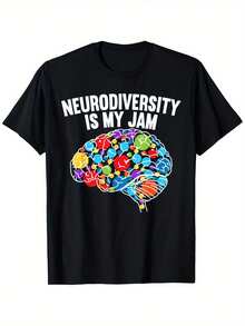 Neurodiversity Is My Jam Autism Awareness T-Shirt With Rainbow Brain Design, Suitable For Unisex Casual Crew Neck Short Sleeve Outdoor T-Shirt, Summer Clothes For Men, Men's T-Shirt, Slightly Elastic, 100% Cotton, Sizes S-XXXL - 黑色 - 查看 1