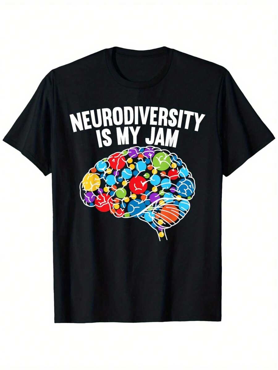 Neurodiversity Is My Jam Autism Awareness T-Shirt With Rainbow Brain Design, Suitable For Unisex Casual Crew Neck Short Sleeve Outdoor T-Shirt, Summer Clothes For Men, Men's T-Shirt, Slightly Elastic, 100% Cotton, Sizes S-XXXL - 黑色 - 查看 1