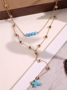 1 Two-Piece Set Of Double-Layer Y-Shaped Necklaces With Colorful Natural Stones In A Bohemian Style, A Versatile Accessory For Everyday Wear And Beach Vacations, With Color Combinations - Multicolor 3 - View 2