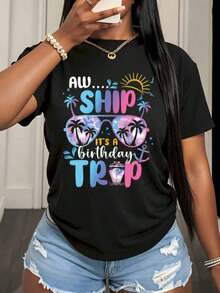 Aw Ship It's A Birthday Trip Tropical Vacation Women's T-Shirt, Summer Beach Party T-Shirt, Birthday Celebration Gift For Her, Fun Festive Clothing, 220g - Unisex Short Sleeve T-Shirt, Round Neck, Urban Vintage Style, 100% Pure Cotton - 黑色 - 查看 3