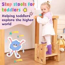 Banco Mesa y Sillas para Niños Montessori Escalera para Niños Antideslizante, Taburete para Niños Baño, Torre de Aprendizaje Montessori para Cocina, Torre de Pie con Riel de - Color de Pino - Ver 4