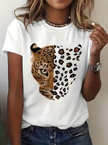 Women's T-Shirt With Half Leopard Face And Animal Print Spots, Gold Brown And Black Tones, Striking Feline Design With Short Sleeves - 白色的 - 查看 1