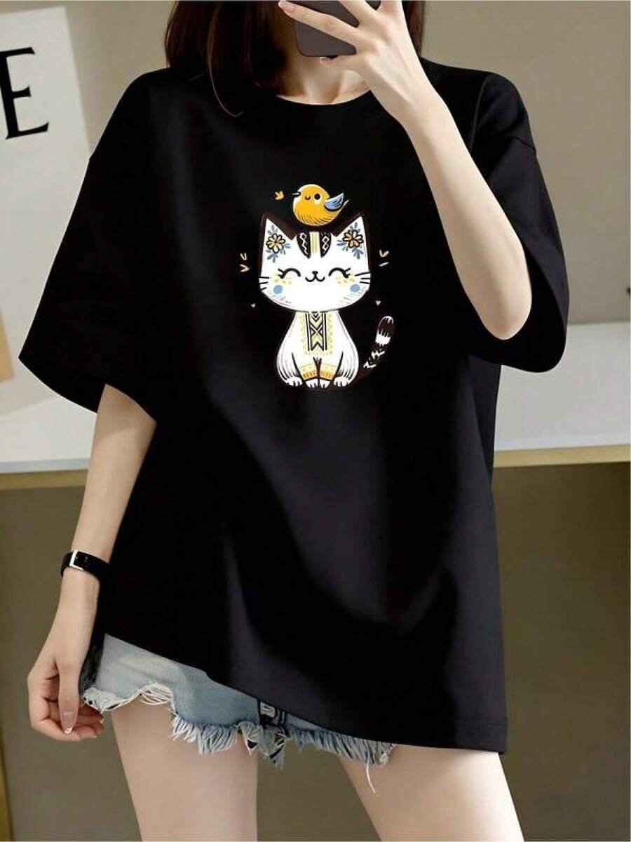 Camiseta negra informal de manga corta con cuello redondo para hombre,Camisetas Para Mujer Camiseta divertida gato con pájaro diseño único fresco moderno casual amplia cómoda verano niña  colores negro   ropa mujer   2023 - Negro - Ver 1