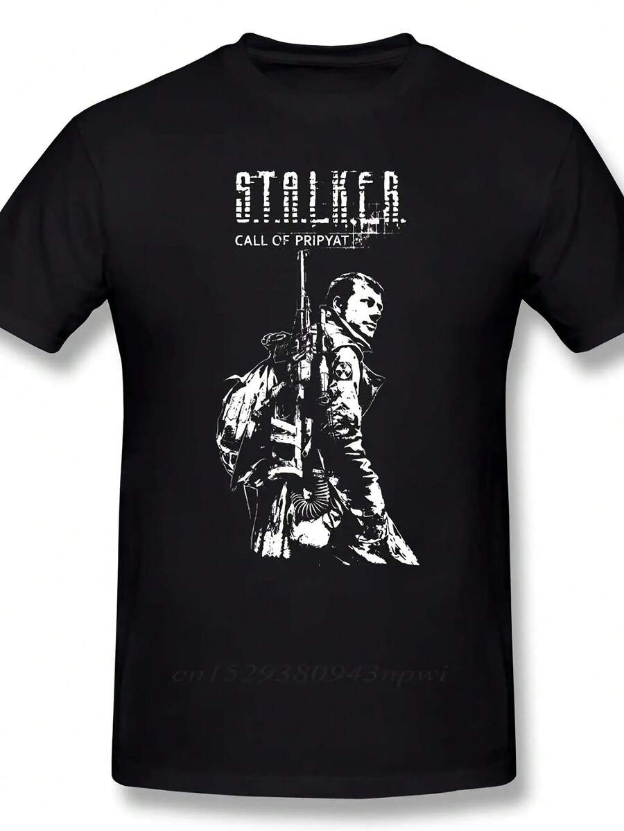 Men's Classic Retro Urban Style T-Shirt With Spy Game Design - Post-Apocalyptic Gamer T-Shirt With Character Design And Backpack. High-Density Pure Cotton T-Shirt. Suitable For Fans Of <Fallout>. Casual Gamer Clothing - Ideal Choice, Blouses For Women, Blouses, Casual Blouses For Women, Informal Blouses For Women, Tops For Women, Tops, Unisex. - 黑色 - 查看 1