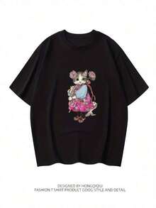 Oferta Especial: T-shirt divertida gato rosa diseño original estampado colorido casual para todas las edades cómodo algodón negro moda  - Ropa de Moda Casual Suave y Transpirable para Diario - Negro - Ver 6