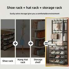 Multi-Layer Metal Clothes Rack With Shoe Rack And 8 Hooks, Multifunctional Storage Organizer For Hallway, Reinforced Steel Frame Suitable For Living Room, Dorm - Heavy Duty Clothing And Shoe Storage - Multicolor - View 7