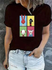 Women's Short-Sleeved T-Shirt With Round Neck And Cartoon Print Design. - 黑色 - View 3