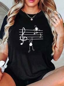 100% Cotton Women's T-Shirt With Music And Treble Clef - Casual Short-Sleeved Round-Neck Blouse, Suitable For Music Parties, Concerts, Vacations, Spring/Summer Wear, Machine Washable, Not Suitable For Daily Wear And Gifts. Women's Simple Solid Color T-Shirt, Loose And Slim Fit Casual Short Sleeve - 黑色 - 查看 1