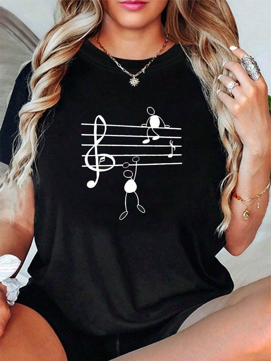 100% Cotton Women's T-Shirt With Music And Treble Clef - Casual Short-Sleeved Round-Neck Blouse, Suitable For Music Parties, Concerts, Vacations, Spring/Summer Wear, Machine Washable, Not Suitable For Daily Wear And Gifts. Women's Simple Solid Color T-Shirt, Loose And Slim Fit Casual Short Sleeve - 黑色 - 查看 1