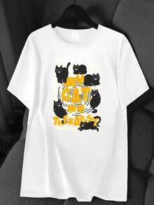 "My Cat Cat Element" Cat Print T-Shirt. Available In 6 Colors, Short Sleeves, Round Neck, High-Stretch Casual Sports Top. Machine Washable. Suitable For Spring And Summer. Can Be Worn In All Seasons. Women's Clothing. Elegant Party Outfit, Stylish Ladies' T-Shirt, Blouses Suitable For Curvy Women, Casual Wear, Cool And Breathable Summer Wear, Fun Letter Print. - 白色 - 查看 1