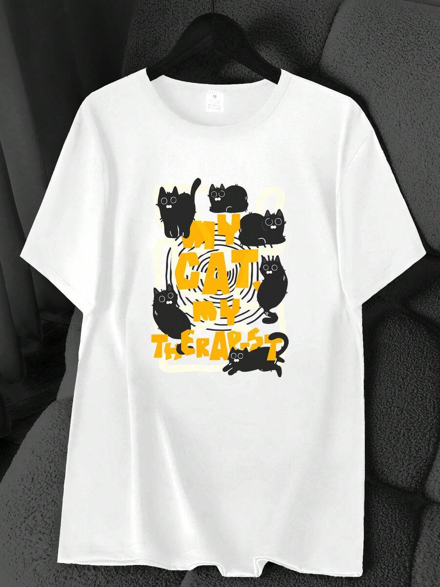 "My Cat Cat Element" Cat Print T-Shirt. Available In 6 Colors, Short Sleeves, Round Neck, High-Stretch Casual Sports Top. Machine Washable. Suitable For Spring And Summer. Can Be Worn In All Seasons. Women's Clothing. Elegant Party Outfit, Stylish Ladies' T-Shirt, Blouses Suitable For Curvy Women, Casual Wear, Cool And Breathable Summer Wear, Fun Letter Print. - 白色 - 查看 1