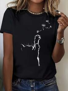 Women's Casual T-Shirt With Cat Print And Round Neck - Short Sleeve Top For Spring And Summer, Made With Medium Elasticity Fibers, Machine Washable And Non-See-Through Fabric, Regular Fit Suitable For Casual Wear, With Animal Prints, Pullover Style - 黑色 - 查看 1