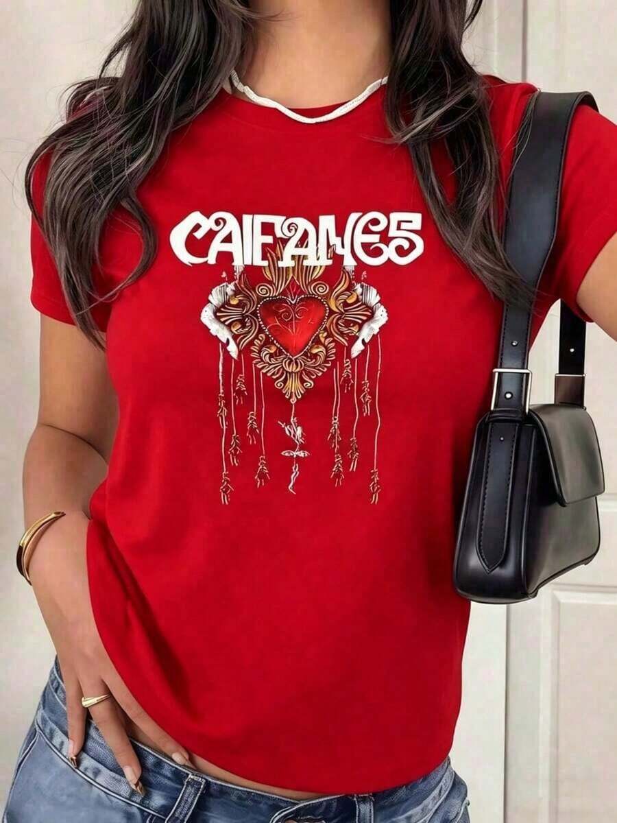 Women's Blouses Caifanes Graphic Shirt With Digital Print 220 Grams Spanish Rock Concert 1 Unit % Cotton Casual And Comfortable T-Shirt For Women Summereurmuse - 紅色的 - 查看 1
