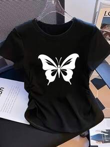 Slim Fit,  Butterfly Print, Simple And Elegant Print Design - 2 Styles - Women's Casual Sportswear, Solid Color Details With Pleats At The Waist, Short Sleeve Round Neck T-Shirt Suitable For All Four Seasons. - 白色 - 查看 8