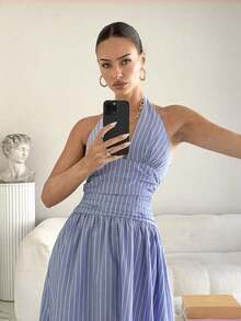 Vestido largo con cintura fruncida y anudada en el cuello - Azul - Ver 4