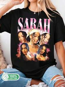 /Custom Sarah 5-Photo Bootleg Tee, Personalized Black Cotton T-Shirt, Pink Retro Style - 黑色 - 查看 1