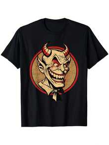 Unisex Vintage T-Shirt With Smiling Devil Face Print - Retro Gothic Style From The 70s And 80s, Featuring Red Horns And Devil Faces. - Soft, Breathable, And Lightweight Crew Neck T-Shirt, Suitable For Halloween Costumes And Casual Wear. Outdoor Activities, Street Style, Fashionable, Attractive Weather, Summer Clothing, Casual Wear, Party Set, Perfect For Vacation & Playtime, Great. For Party & Family Vacation, Perfect For Daily Wear, Clothing Set & Gift. - 黑色 - 查看 1