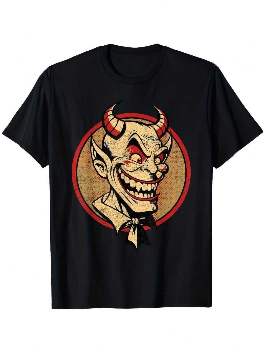 Unisex Vintage T-Shirt With Smiling Devil Face Print - Retro Gothic Style From The 70s And 80s, Featuring Red Horns And Devil Faces. - Soft, Breathable, And Lightweight Crew Neck T-Shirt, Suitable For Halloween Costumes And Casual Wear. Outdoor Activities, Street Style, Fashionable, Attractive Weather, Summer Clothing, Casual Wear, Party Set, Perfect For Vacation & Playtime, Great. For Party & Family Vacation, Perfect For Daily Wear, Clothing Set & Gift. - 黑色 - 查看 1