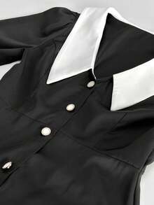 Two-Tone Dress With Lapel Collar And Buttons, Sweet Elegant Style Spring 2026 - Black - View 5