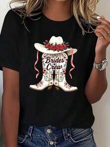 Women's Black Short-Sleeve T-Shirt, 100% Premium Cotton, "Brides Crew" Design – White Cowboy Boots With Floral Hat And Pink Ribbons, Western-Style Bachelorette Party Look. This Casual Crew Neck T-Shirt Is Designed Specifically For Women And Is Machine Washable, Making It Perfect For Everyday Casual Wear And Holidays. Great Gift Idea! - 黑色 - 查看 7