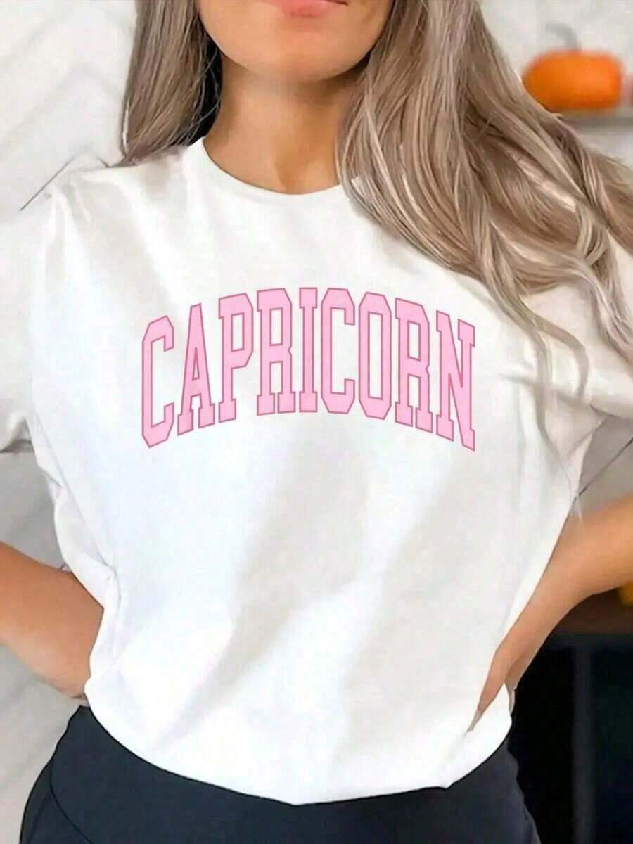 1 Piece Women's White Short Sleeve Crew Neck T-Shirt, Retro Preppy Style, Simple Capricorn Zodiac Horoscope Print, Pink, Ideal For Daily Wear And Holidays, Fashion Graphic T-Shirts, 180g, 100% Cotton. - 白色 - 查看 1