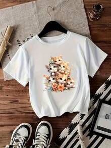 | Exquisite Design | Loose And Comfortable | Easy To Match | Summer T-Shirt With Cat Print, Korean Casual Style, Round Neck, Short Sleeves - 白色 - 查看 7